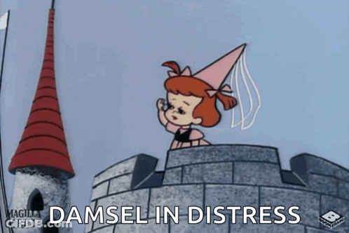 A Cartoon Of A Girl On Top Of A Castle With The Words Damsel In Distress Above Her GIF