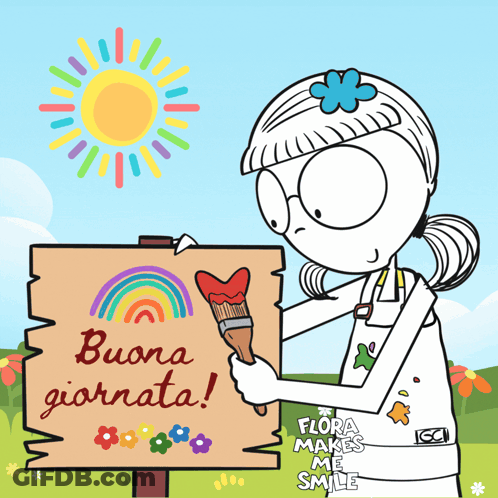 A Cartoon Of A Girl Painting A Sign That Says Buona Giornata GIF