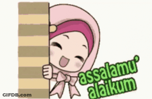 A Cartoon Of A Girl Peeking Over A Wall With The Words Assalamu Alaikum GIF