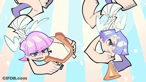 A Cartoon Of A Girl Playing A Harp And Another Girl Blowing A Trumpet GIF