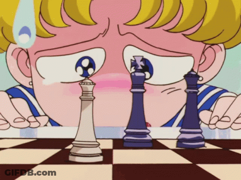 A Cartoon Of A Girl Playing Chess With A King And Queen On The Board GIF
