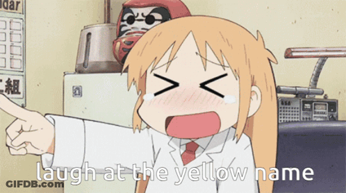 A Cartoon Of A Girl Pointing At Something With The Words Laugh At The Yellow Name Below Her GIF