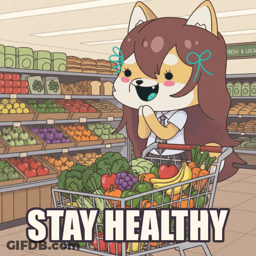 A Cartoon Of A Girl Pushing A Shopping Cart Full Of Fruits And Vegetables With The Words Stay Healthy Underneath Her GIF