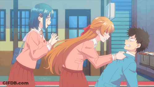 A Cartoon Of A Girl Putting Her Hand On A Boy 'S Chest GIF