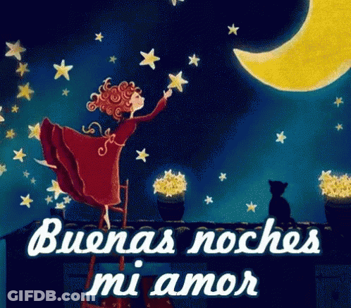 A Cartoon Of A Girl Reaching For A Star With The Words Buenas Noches Mi Amor In White Letters GIF
