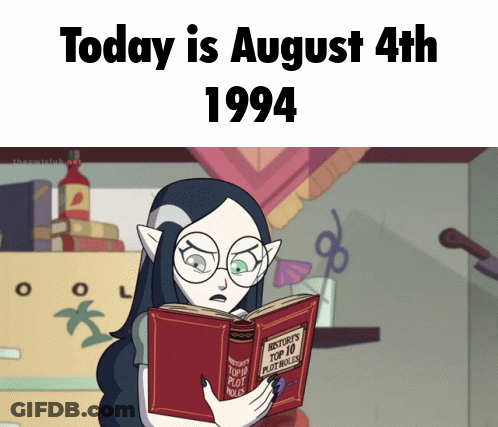 A Cartoon Of A Girl Reading A Book With The Date 1994 GIF