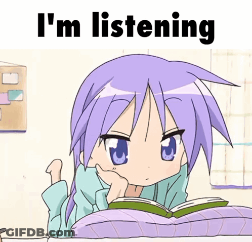 A Cartoon Of A Girl Reading A Book With The Words I 'M Listening Behind Her GIF