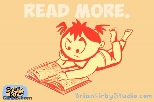 A Cartoon Of A Girl Reading A Book With The Words Read More Below Her GIF