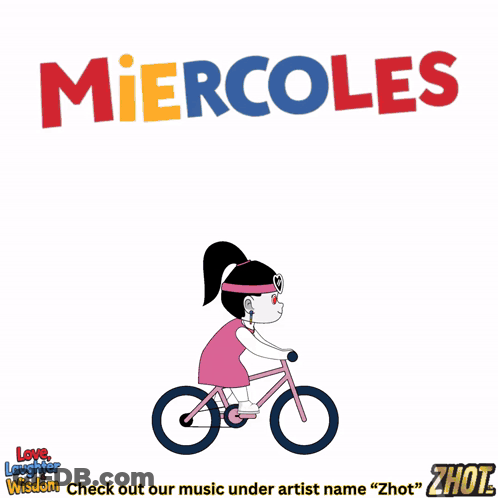 A Cartoon Of A Girl Riding A Bike With The Word Miercoles On The Top GIF