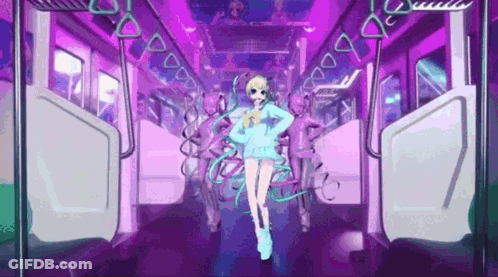 A Cartoon Of A Girl Riding A Subway Train With Purple Lights . GIF