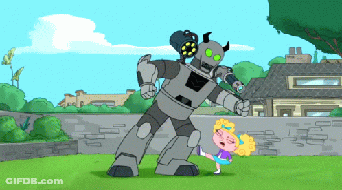 A Cartoon Of A Girl Running Away From A Robot With Horns GIF