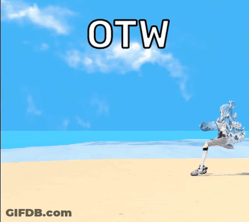 A Cartoon Of A Girl Running On A Beach With The Words Otw Written Above Her GIF