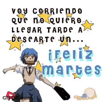 A Cartoon Of A Girl Running With The Words `` Voy Corriendo Que No Quiero Llegar Tarde A Desperte Un Feliz Martes '' GIF