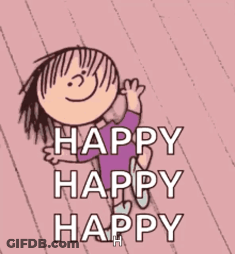 A Cartoon Of A Girl Saying Happy Happy Happy On A Pink Background GIF