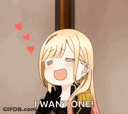 A Cartoon Of A Girl Saying " I Want One " With Hearts Behind Her GIF