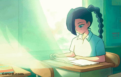 A Cartoon Of A Girl Sitting At A Desk With A Book On It GIF