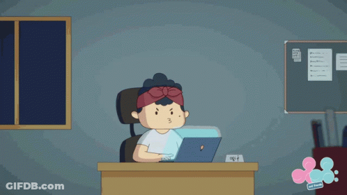 A Cartoon Of A Girl Sitting At A Desk With A Laptop And A Clock That Says 00 : 4 GIF