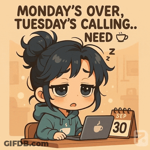 A Cartoon Of A Girl Sitting At A Desk With A Laptop And The Words Monday 'S Over Tuesdays Calling Need GIF