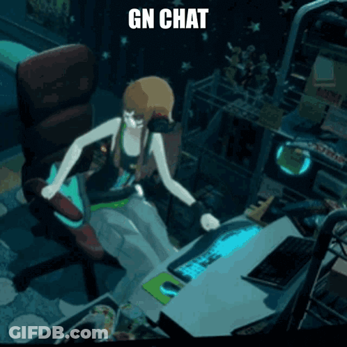 A Cartoon Of A Girl Sitting At A Desk With The Words Gn Chat Written Above Her GIF