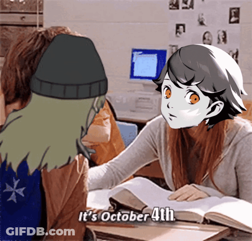 A Cartoon Of A Girl Sitting At A Desk With The Words It 'S October 4Th GIF