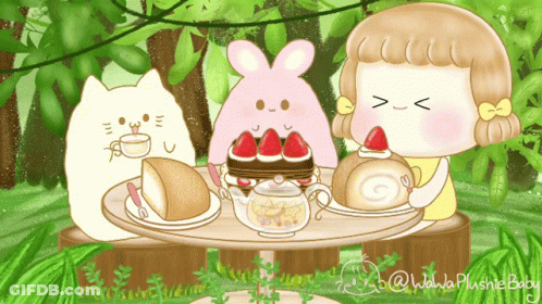 A Cartoon Of A Girl Sitting At A Table With A Cat And Rabbit GIF