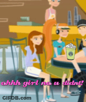 A Cartoon Of A Girl Sitting At A Table With A Cup Of Starbucks Coffee GIF