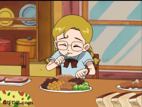 A Cartoon Of A Girl Sitting At A Table With A Plate Of Food GIF