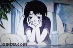 A Cartoon Of A Girl Sitting At A Table With Her Hand On Her Chin GIF