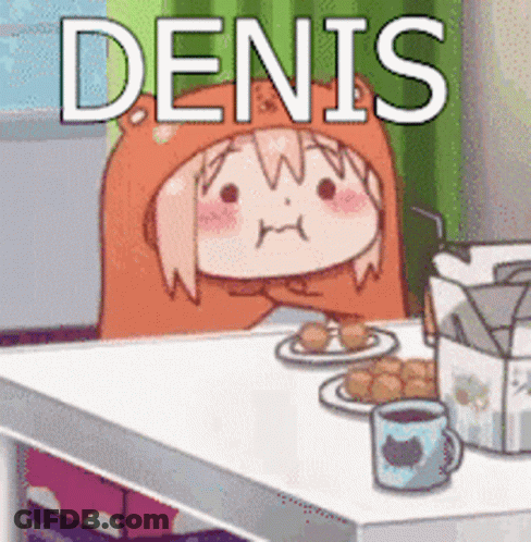 A Cartoon Of A Girl Sitting At A Table With The Name Denis On It GIF