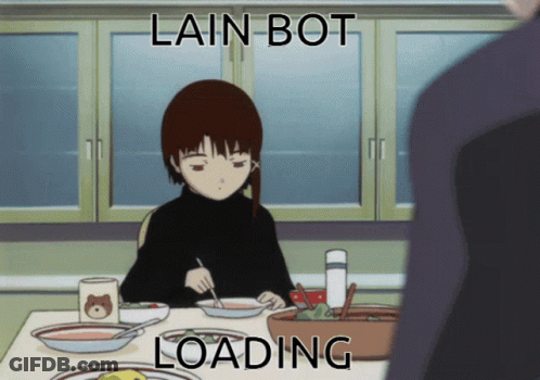 A Cartoon Of A Girl Sitting At A Table With The Words Lain Bot Loading Below Her GIF