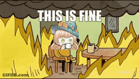 A Cartoon Of A Girl Sitting At A Table With The Words " This Is Fine " Written Above Her GIF