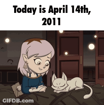 A Cartoon Of A Girl Sitting Next To A Cat With The Date April 14Th 2011 GIF