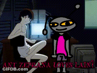 A Cartoon Of A Girl Sitting Next To Another Girl With The Words " Ant Zeprana Loves Lain " Above Them GIF