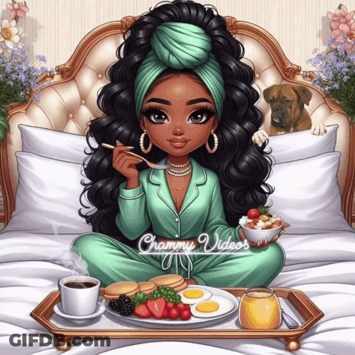 A Cartoon Of A Girl Sitting On A Bed With A Tray Of Food And The Words Chammy Videos On The Bottom Right GIF