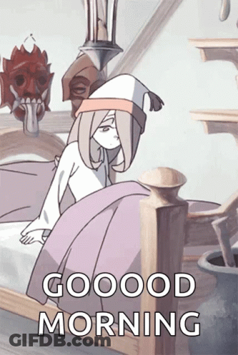A Cartoon Of A Girl Sitting On A Bed With The Words " Good Morning " Written Below Her GIF