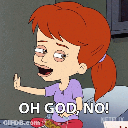 A Cartoon Of A Girl Sitting On A Bed With The Words Oh God No GIF