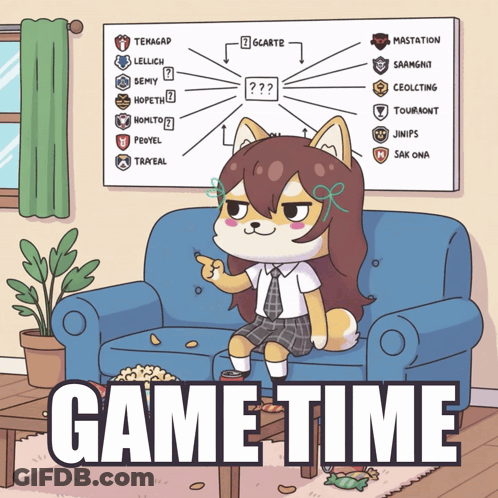 A Cartoon Of A Girl Sitting On A Couch With The Words Game Time Written Below Her GIF