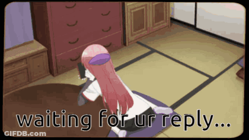 A Cartoon Of A Girl Sitting On A Rug With The Words Waiting For Ur Reply GIF