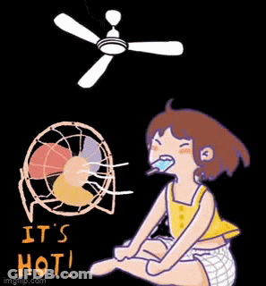 A Cartoon Of A Girl Sitting Under A Ceiling Fan With The Words It 'S Hot Written Below Her GIF