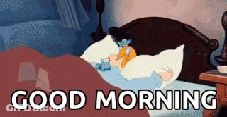 A Cartoon Of A Girl Sleeping In A Bed With The Words `` Good Morning '' Written On The Bottom . GIF