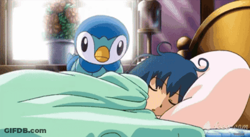A Cartoon Of A Girl Sleeping With A Blue Penguin On Her Head GIF