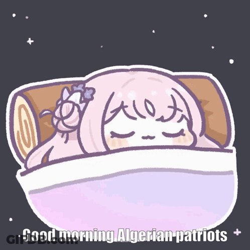 A Cartoon Of A Girl Sleeping With The Words " Good Morning Algerian Patriots " Below Her GIF