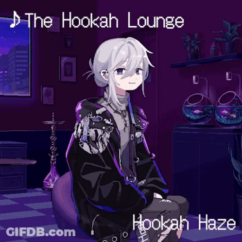A Cartoon Of A Girl Smoking A Hookah With The Hookah Lounge Written Above Her GIF
