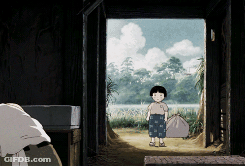 A Cartoon Of A Girl Standing In A Doorway Holding A Garbage Bag GIF