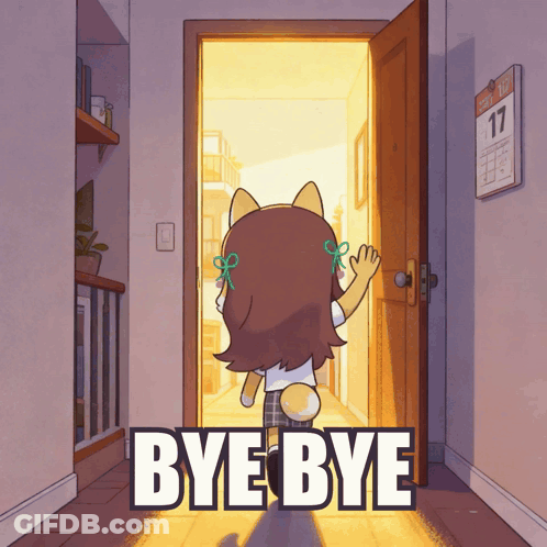 A Cartoon Of A Girl Standing In A Doorway With The Words Bye Bye Below Her GIF