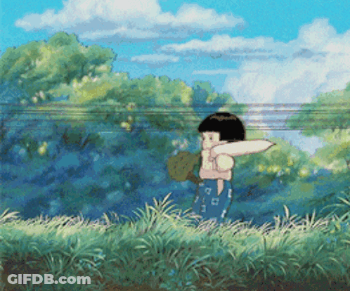 A Cartoon Of A Girl Standing In A Field Holding A Stuffed Animal GIF