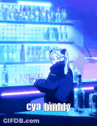 A Cartoon Of A Girl Standing In Front Of A Bar With The Words Cya Buddy Written On The Bottom GIF