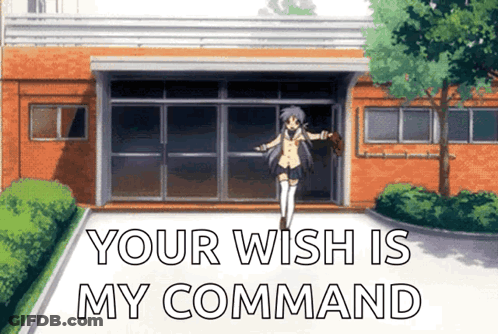 A Cartoon Of A Girl Standing In Front Of A Building With The Words Your Wish Is My Command GIF