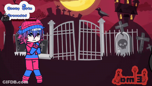 A Cartoon Of A Girl Standing In Front Of A Cemetery With The Words Goofy Gate Grounded On The Bottom GIF