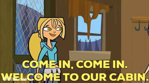 A Cartoon Of A Girl Standing In Front Of A Window Says Come In Come In Welcome To Our Cabin GIF